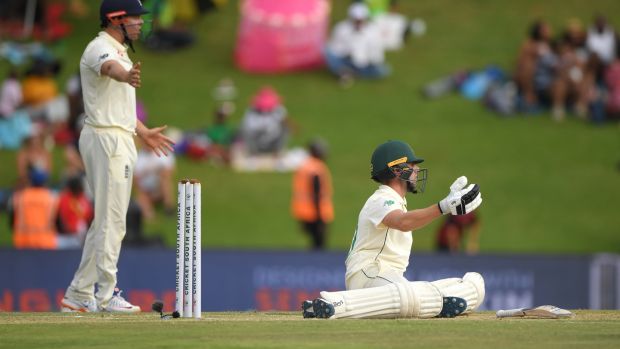 South Africa batsmen Anrich Nortje sits on the ground after avoiding a short ball from Jofra Archer as Jonny Bairstow looks on. Photograph: Stu Forster/Getty Images
