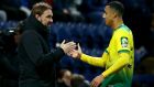 Norwich City manager Daniel Farke ’s shakes Adam Idah’s hand as the Irish teenager is substituted late in the FA Cup third-round win over Preston North End. Photograph: Dave Thompson/PA Wire