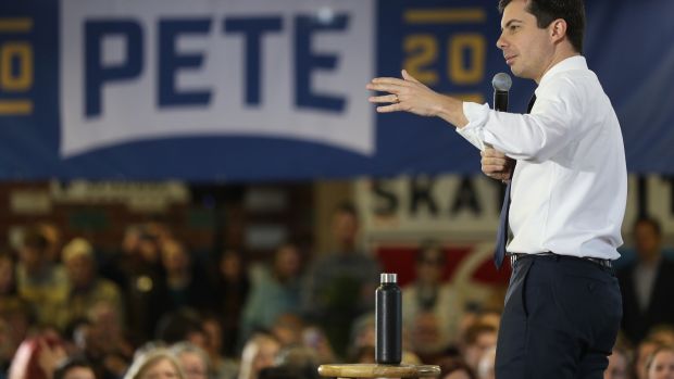 Pete Buttigieg speaks during a campaign event in The Skate Pit in Knoxville, Iowa, US. Photograph: Joe Raedle/Getty Images