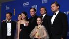 David Heyman (left), Shannon McIntosh, Margaret Qualley, Quentin Tarantino, Brad Pitt, Julia Butters, and Leonardo DiCaprio pose in the press room during the 77th annual Golden Globe Awards ceremony at the Beverly Hilton Hotel, in Beverly Hills, California, USA, January 5th 2020. Photograph: Christian Monterrosa/EPA