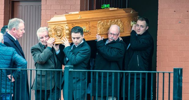 The remains of Francis (Frankie) Dunne are carried from Saint Mary’s on the Hill Church, Knocknaheeny, Cork. Photograph:  Michael Mac Sweeney/Provision