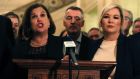 Sinn Féin leader Mary Lou McDonald, deputy leader Michelle O’Neill  and party colleagues in the Great Hall of Parliament Buildings, Stormont, on Friday. Photograph: Brian Lawless/PA Wire