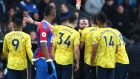   Referee Paul Tierney shows a red card to Pierre-Emerick Aubameyang of Arsenal   at Selhurst Park. Photo: Dan Istitene/Getty Images