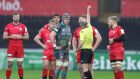 Saracens prop Rhys Carre is shown a straight red card against the Ospreys. Photograph: David Davies/PA