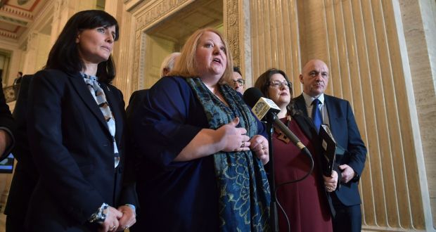 Alliance party leader Naomi Long talks to the media in Stormont on Saturday. Photograph: Charles McQuillan/Getty