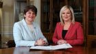 Arlene Foster (left) and Michelle O’Neill  at Parliament Buildings, Stormont.  Photograph: Kelvin Boyes/Press Eye/PA