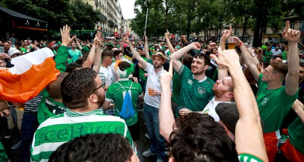 Republic of Ireland fans enjoying the atmosphere and the beer  in Paris during Euro 2016.  Photograph: James Crombie/Inpho