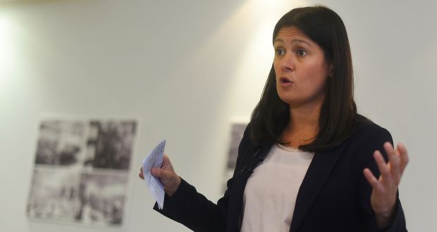  Lisa Nandy delivering a speech in Dagenham on Monday. She appealed to Labour Party members to make a “brave” choice by choosing her as leader.  Photograph: Peter Summers/Getty Images