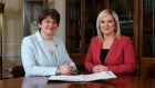 INorthern Ireland’s First Minister Arlene Foster of the Democratic Unionist Party (DUP) (L) and Deputy First Minister Michelle O’Neill of republican party Sinn Fein/ Photograph: Kelvin Boyes/ Northern Ireland Executive/AFP/ Getty Images