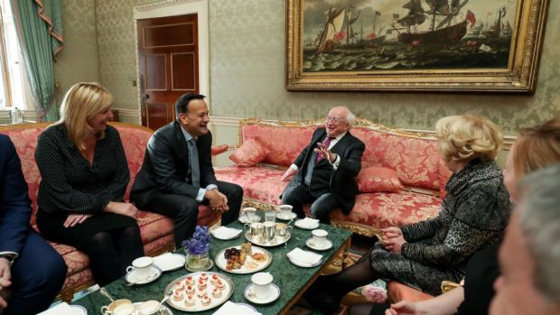 Taoiseach Leo Varadkar and President Michael D Higgins at Áras an Uachtaráin to dissolve the 32nd Dáil. Photograph: Maxwell