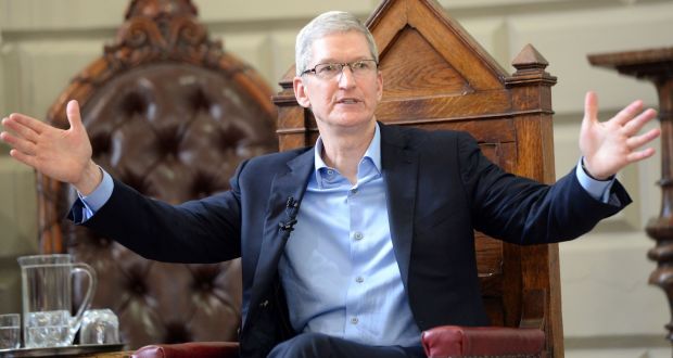  Apple chief executive Tim Cook speaking at The Philosophical Society at Trinity College Dublin in 2015. File photograph: Eric Luke