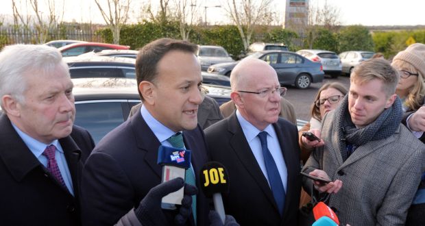 Fergus O’Dowd TD with Taoiseach Leo Varadkar and Minister Justice Charles Flanagan  in Drogheda on Friday/ Photograph: Alan Betson / The Irish Times