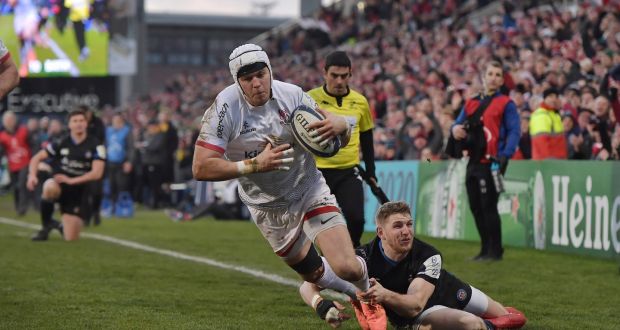 Will Addison scores Ulster’s third try in their win over Bath. Photograph: Charles McQuillan/Getty