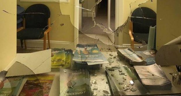 The damage to Senator Colm Burke’s office. Photograph: Twitter