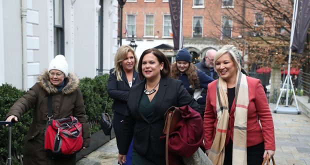 Sinn Féin leader Mary Lou McDonald (centre) and Northern Ireland Deputy First Minister Michelle O’Neill (right) arrive at the Mansion House in Dublin on Tuesday. Photograph: Nick Bradshaw/The Irish Times.