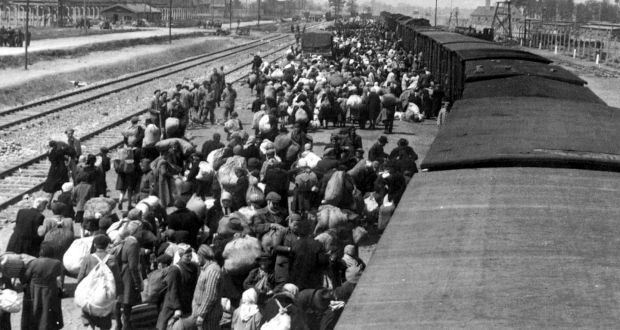   Jews alight from a train in the Auschwitz-Birkenau extermination camp on May 27th, 1944. Photograph:   Yad Vashem Archives /AFP/ Getty Images