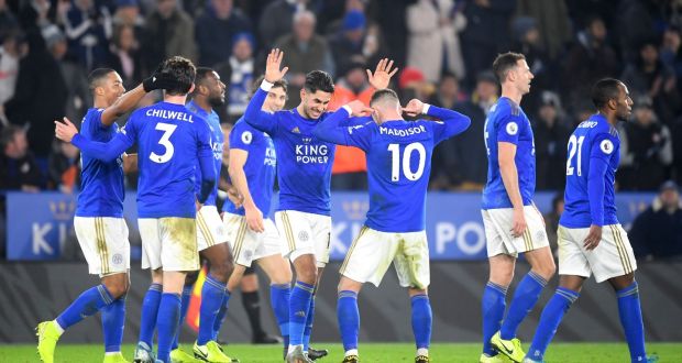 Ayoze Pérez of Leicester City celebrates with teammate James Maddison after scoring his team’s fourth goal during the Premier League win against West Ham United. Photo: Michael Regan/Getty Images