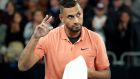  Nick Kyrgios of Australia reacts after winning his second round match against Gilles Simon of France. Photograph: EPA