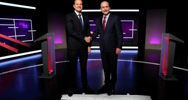 Taoiseach Leo Varadkar and Fianna Fáil leader Micheál Martin at the Virgin Media television studios for their first head-to-head debate of the election campaign on Wednesday. Photograph: Maxwells