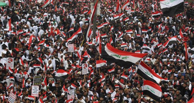  Thousands of Iraqis demonstrate in the heart of Baghdad on Friday  to demand the ousting of US troops from the country. Photograph:  Ahmad Al-Rubaye/AFP via Getty Images