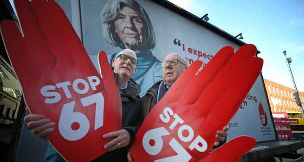 Pensioners Christy Waters from Clondalkin, Dublin,  and Pat Daly from Galway at the launch of Siptu’s Stop 67 campaign to reverse the pension age increase. Photograph Nick Bradshaw