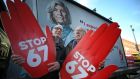 Pensioners Christy Waters from Clondalkin, Dublin,  and Pat Daly from Galway at the launch of Siptu’s Stop 67 campaign to reverse the pension age increase. Photograph Nick Bradshaw