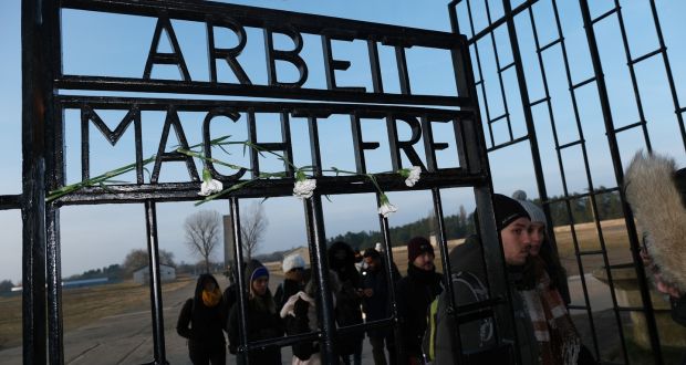 Visitors at the Sachsenhausen concentration camp memorial in Oranienburg, Berlin. Sachsenhausen was the first camp to test the use of gas chambers.  Photograph: Sean Gallup/Getty Images