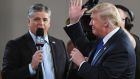 Fox News presenter Sean Hannity with his big fan US president Donald Trump: Links between Fox and the White House are clear  as the  impeachment trial gets under way. Photograph:  Ethan Miller/Getty