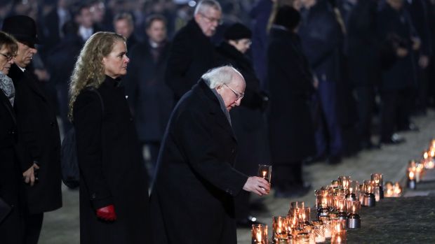 President Michael D Higgins at the event marking the 75th anniversary of the liberation of the Auschwitz-Birkenau concentration camp: We must not “repeat the 1930s when nations looked the other way”. Photograph: Maxwellphotography.ie