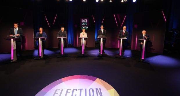 From left to right: Fine Gael leader Taoiseach Leo Varadkar, Sinn Fein leader Mary Lou McDonald, Solidarity People Before Profit’s Richard Boyd Barrett, Social Democrats joint leader Roisin Shortall, Green Party leader Eamon Ryan, Fianna Fáil leader Micheál Martin and Labour Party leader Brendan Howlin on stage before Monday night’s debate. Photograph: Niall Carson/Pool/Getty