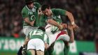 Ireland’s Denis Leamy, David Wallace and Gordon D’Arcy tackle Andy Farrell of England in the  Six Nations Championship at Croke Park in February 2007. Photograph: Morgan Treacy/Inpho
