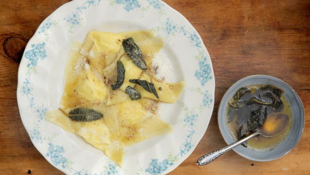 Cheat’s ravioli with goats’ cheese, sage brown butter. Photograph: Harry Weir.