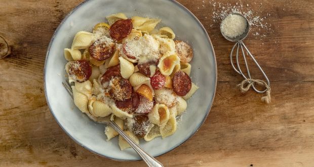 Orecchiette with chorizo, little tomatoes, cream and Parmesan. Photograph: Harry Weir