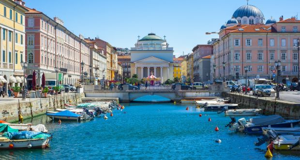 Trieste, Italy: The church of St Antonio Thaumaturgo is situated at the northern end of the Canale Grande. 