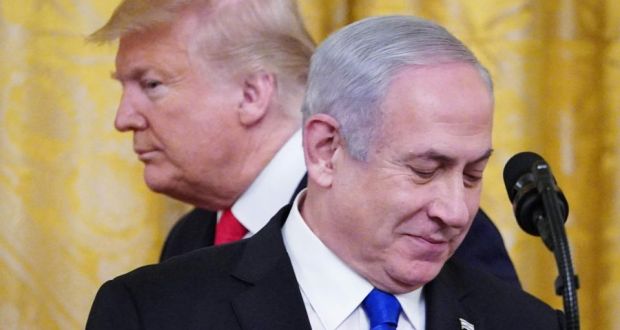 US president Donald Trump and Israelai prime minister Benjamin Netanyahu take part in an announcement of Mr Trump’s Middle East peace plan in  the White House in Washington, DC on January 28th. Photograph: Mandel Ngan/AFP via Getty 