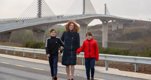   Rose Katherine Kennedy Townsend at the opening of the Rose Kennedy Fitzgerald Bridge in Wexford with  Donagh and Eanna Grennan,  grandchildren of Johanna Ryan who welcomed John F Kennedy to  The Kennedy Homestead, New Ross in 1963. Photograph: Patrick Browne