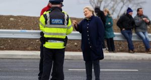 Former Fine Gael candidate and now Independent Verona Murphy speaks with members of An Garda Síochána as she attends the opening of Ireland’s longest bridge, in New Ross. Photograph: Brian Lawless/PA Wire