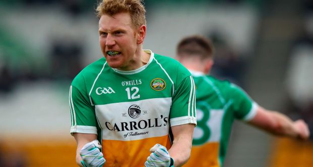 Offaly’s Niall Darby celebrates at the final whistle after their Allianz Football League Division 3 match against Longford. Photograph: Tommy Dickson/Inpho