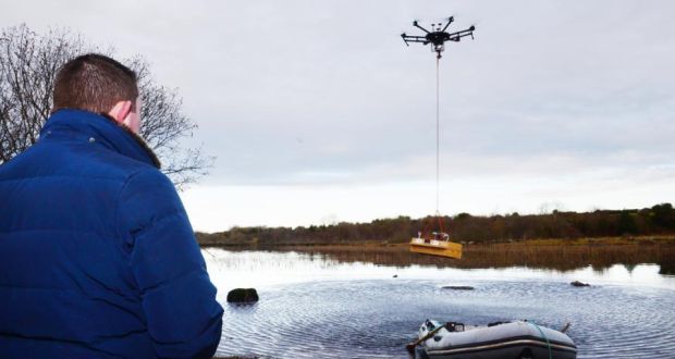 Mark Broderick of Model Heli Services, using a drone at Ballyquirke Lake, Moycullen, Co Galway for  marine and fresh water research. Photograph: Bryan O Brien/The Irish Times