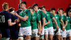 The Ireland U20s side greet their Scottish counterparts ahead of their game, which Ireland won 38-26  at  Irish Independent Park, Cork. Photograph: James Crombie/Inpho