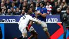 France’s Grégory Alldritt against England in Paris.  He is not the most powerful eight in the world, but he regularly finds a weak shoulder or gaps to make additional yards.   Photograph:   EPA/Yoan Valat