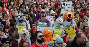 Early childcare providers, educators, and parents  taking part in the protest. Photograph: Nick Bradshaw/The Irish Times