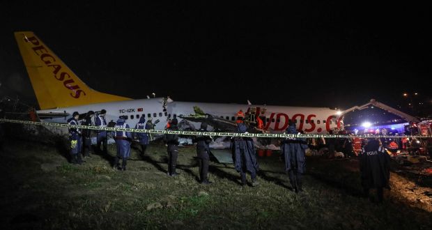 A Pegasus Boeing 737 plane pictured after it skidded off the runway at Istanbul’s Sabiha Gokcen airport. Photograph: Muhammed Demir/AFP via Getty