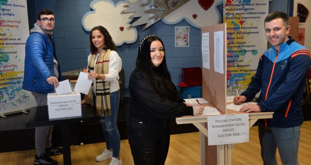 Young voters at Ronanstown Youth Service Centre where a mock polling booth has been set up to show  young people the voting process. From left: Eoin Carey, Rebecca O’Reilly, Kayleigh Harris and David Doyle. Photograph: Dara Mac Dónaill 