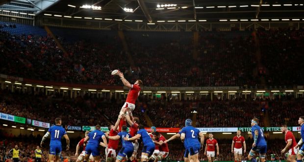 Jake Ball wins a lineout. All Wales’ opening lineouts were off the top with immediate contact on the gainline a prerequisite. Photograph: Andrew Boyers/Reuters