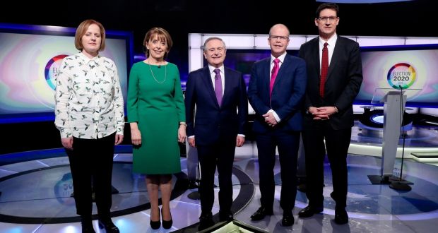 Ruth Coppinger of Solidarity-People Before Profit, Róisín Shortall, co-leader of the Social Democrats, Brendan Howlin, Labour leader, Peadar Tóibín of Aontú and Eamon Ryan of the Green Party at the last of RTÉ’s leaders’ debates. Photograph: Maxwells