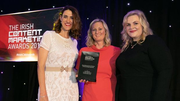 Lorraine Griffin, Awards Judge presents the Most Effective Use of Content on Owned Media Channels award to Gina Miltiadou, Zahra Media Group & Fionnuala Tohill, Virgin Media.