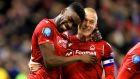 Nottingham Forest’s Sammy Ameobi  celebrates scoring his side’s  goal  with team-mate Ben Watson during the  Championship match against Leeds United at the City Ground. Photograph:  Mike Egerton/PA Wire