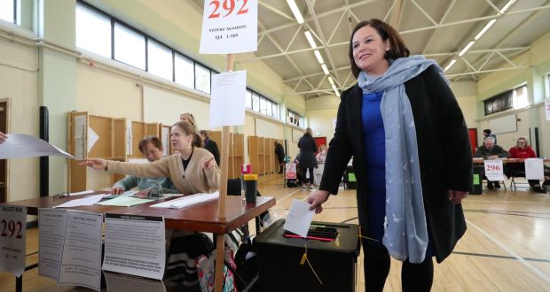 Sinn Féin’s  Mary Lou McDonald votes  at St Joseph’s School in Dublin on Saturday. Photograph: Niall Carson/PA Wire