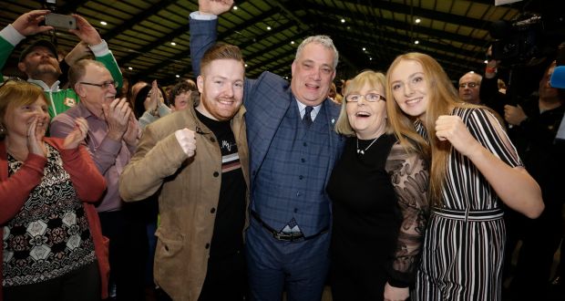 Aengus Ó Snodaigh, with his family in the RDS count centre in Dublin, was elected after the first count. Photograph: Damien Eagers/The Irish Times